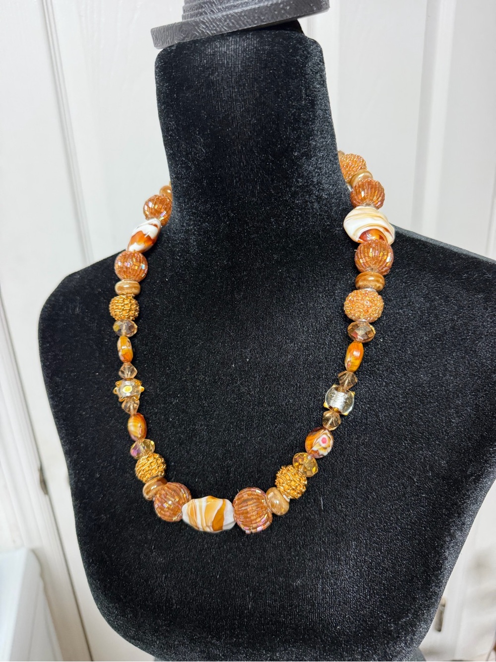 Vintage Heavy Beaded Statement Necklace Gold Amber Cream Toggle Clasp Boho